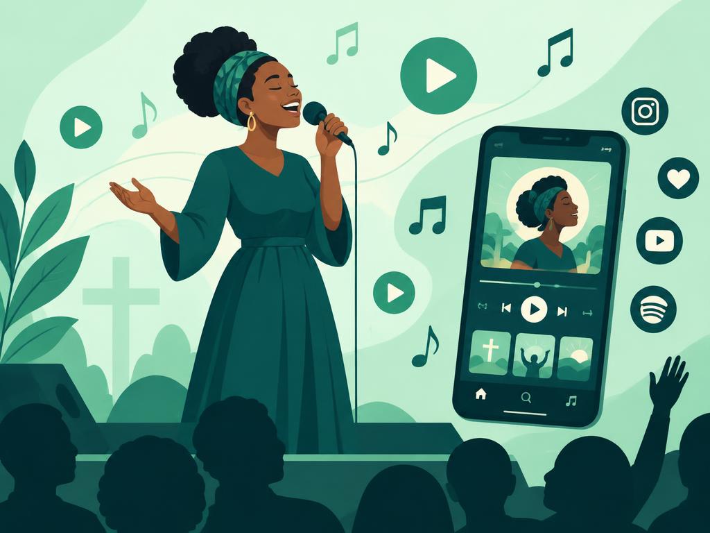 Illustration d’une chanteuse gospel sur scène et d’une application de streaming musical