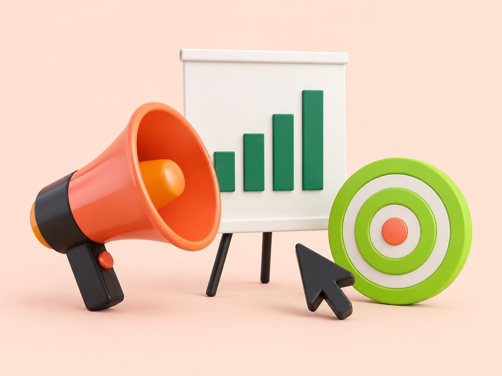 Illustration d’un mégaphone, d’une cible et d’un graphique marketing